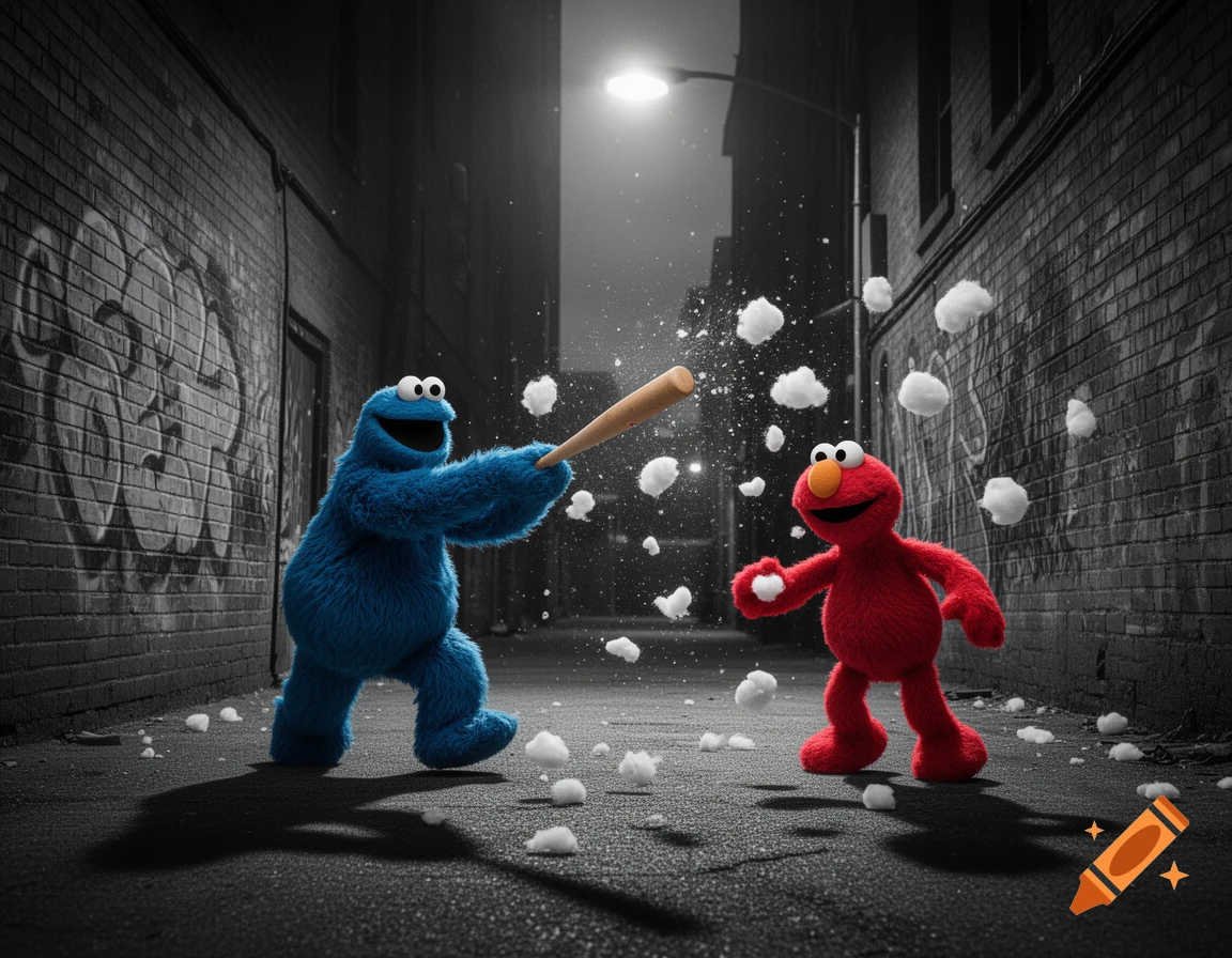 Cookie Monster swings a baseball bat at Elmo, sending white fluff flying in a dark, graffiti-covered alley under a streetlamp.