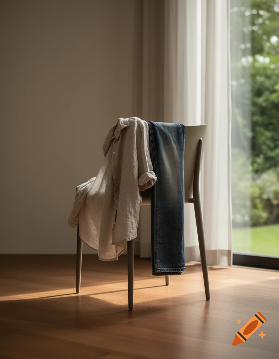 A beige linen shirt and blue jeans draped over a chair in a sunlit room with hardwood floors and a large window.