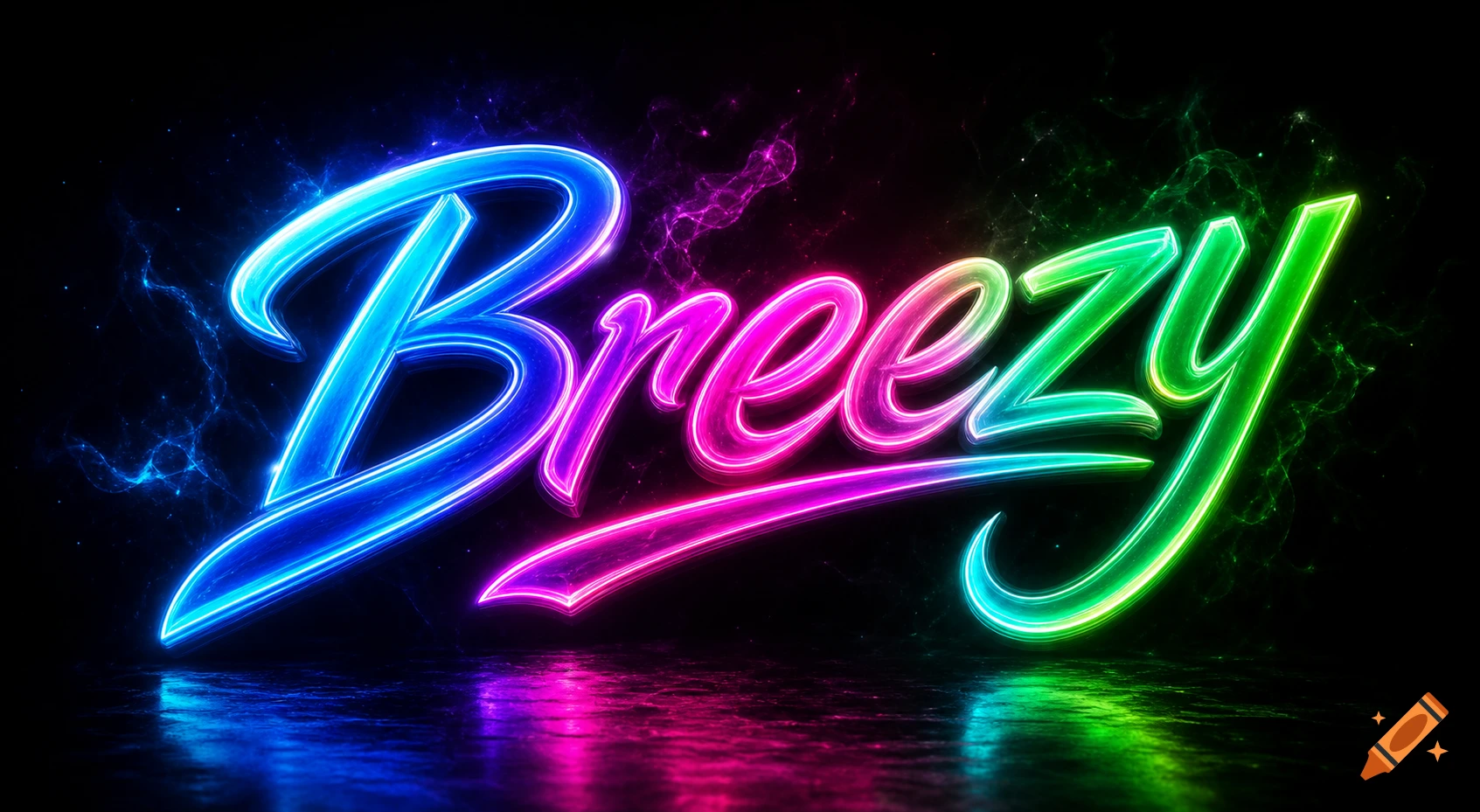 The word Breezy rendered as a vibrant, glowing neon logo in blue, pink, and green on a dark background with reflections.