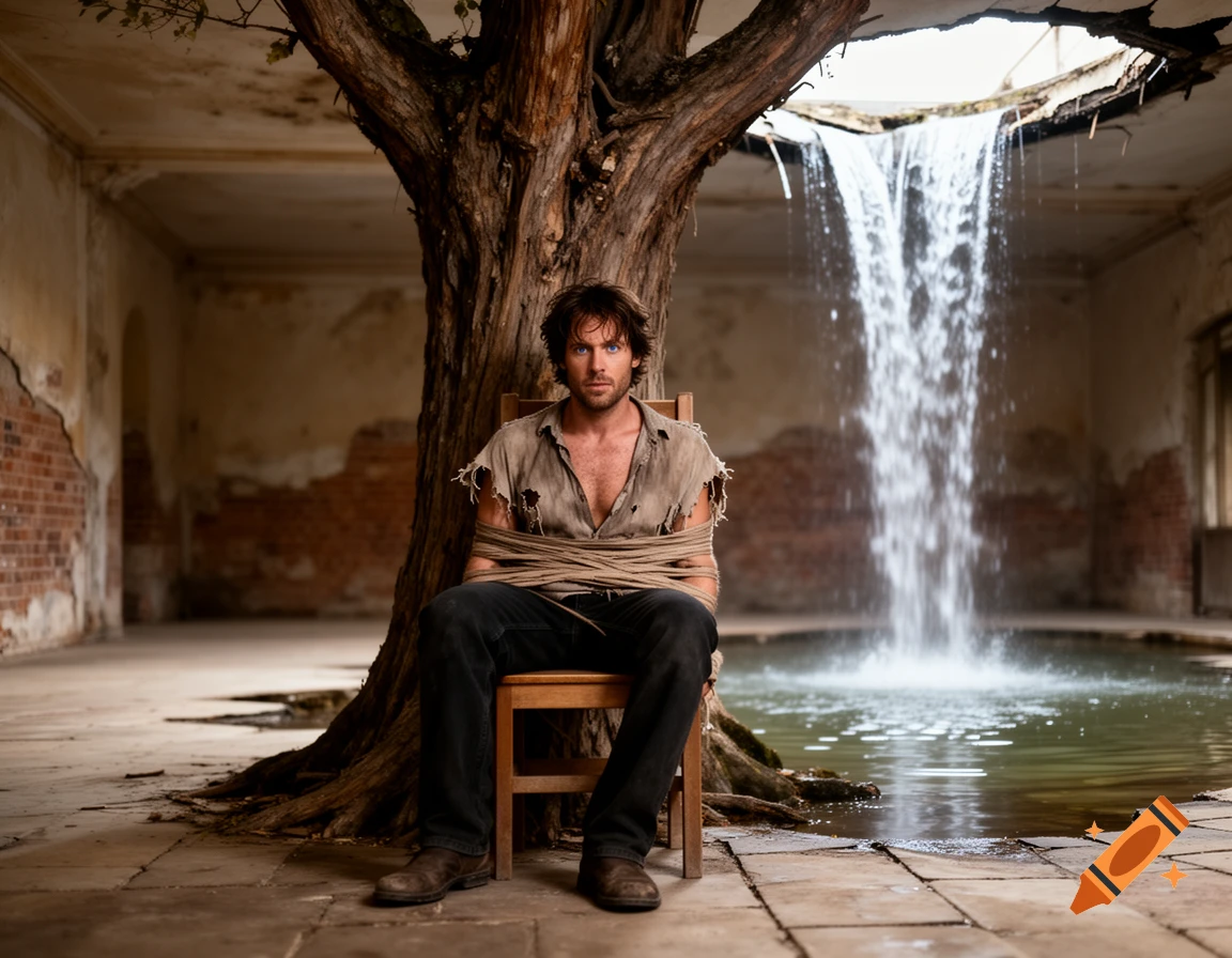 A man with dark hair, wearing a torn shirt and dark pants, is bound to a chair in a dilapidated room with a large tree and a waterfall flowing from the ceiling.