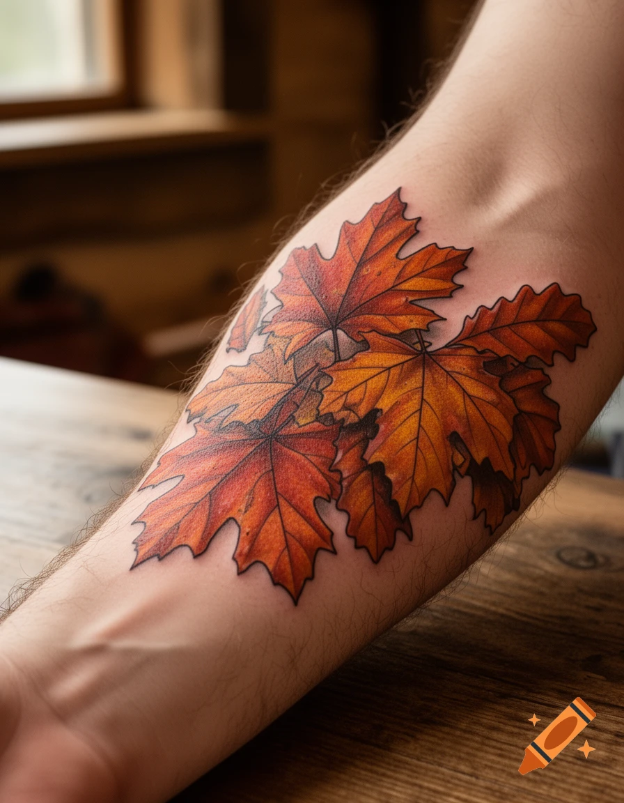 Photorealistic tattoo of orange and red autumn leaves on a person's forearm.