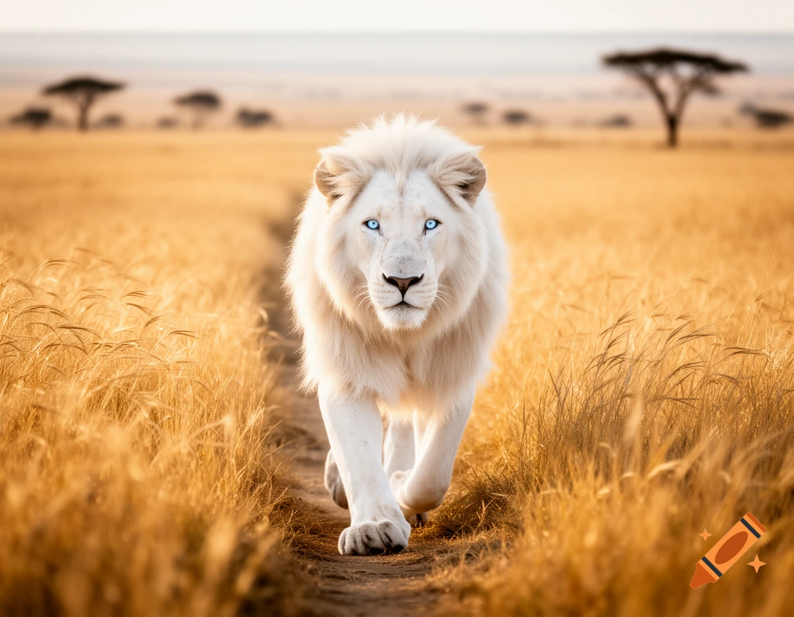Majestic white lion with piercing blue eyes walks through golden savannah grass at sunset, photorealistic.