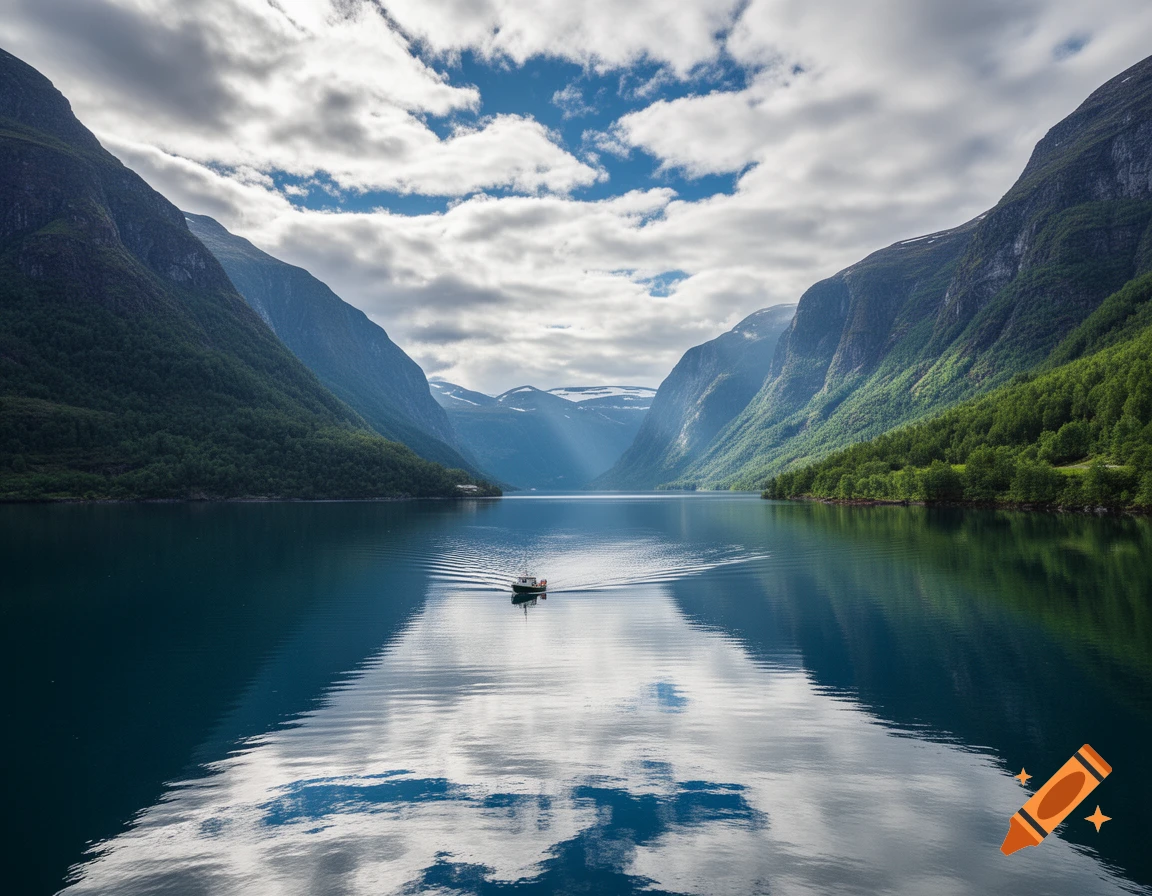 A small boat cruises through a serene Norwegian fjord flanked by lush green mountains under a partly cloudy sky, with reflections on the water.