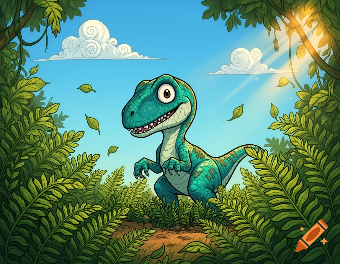 Cute cartoon velociraptor smiling and peeking through lush green ferns in a sunny jungle under a blue sky.