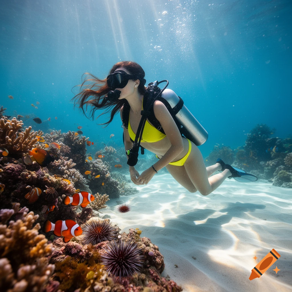 A female scuba diver in a yellow bikini swims underwater near a vibrant coral reef with clownfish.