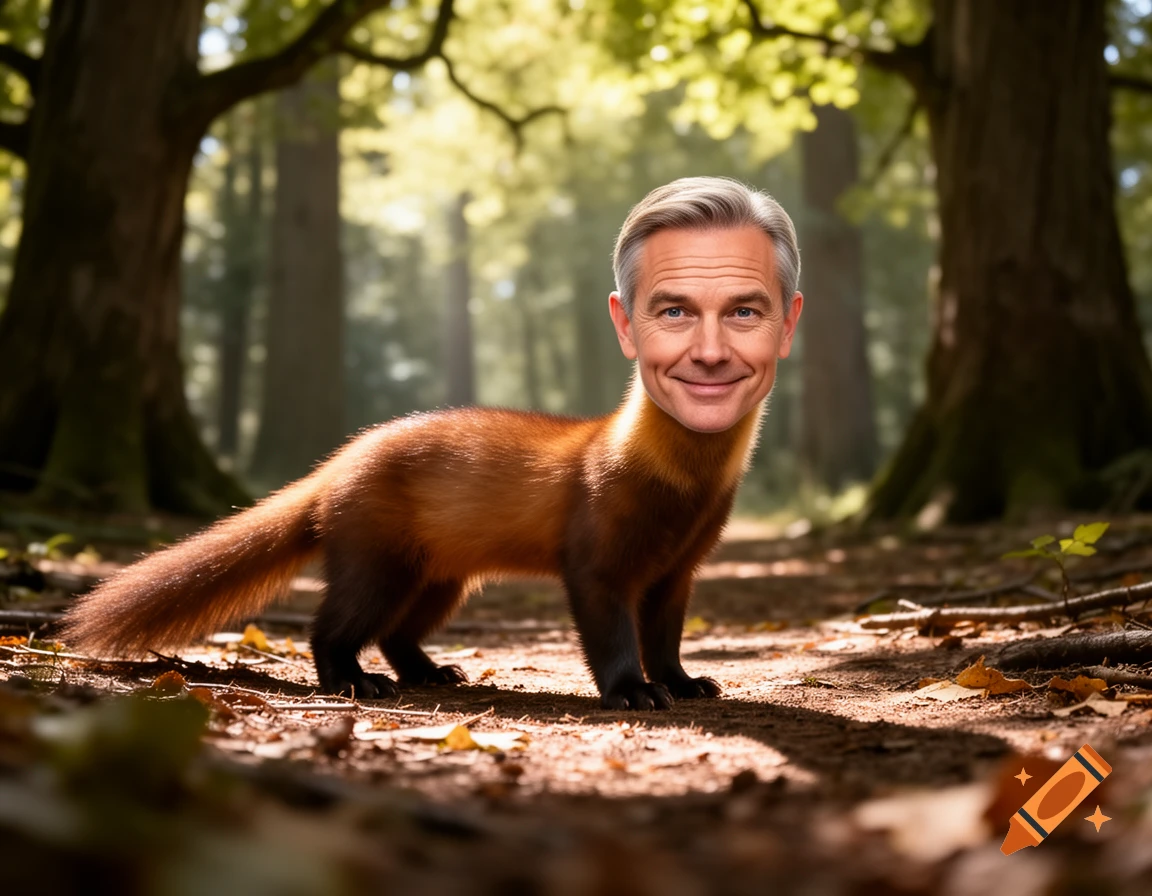 A marten with a smiling man's head stands on a sun-dappled forest path, looking forward.