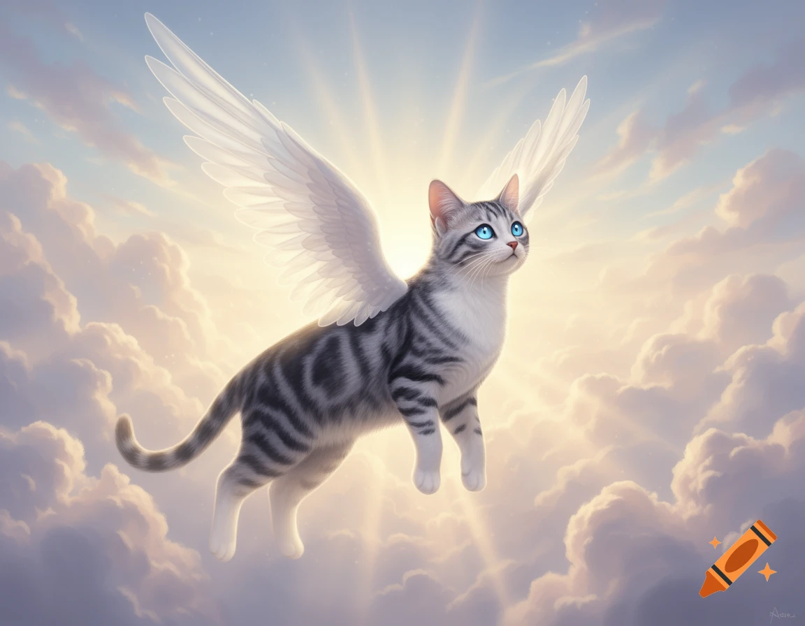 A gray and white tabby cat with blue eyes and white angel wings floats among bright, sunlit clouds.