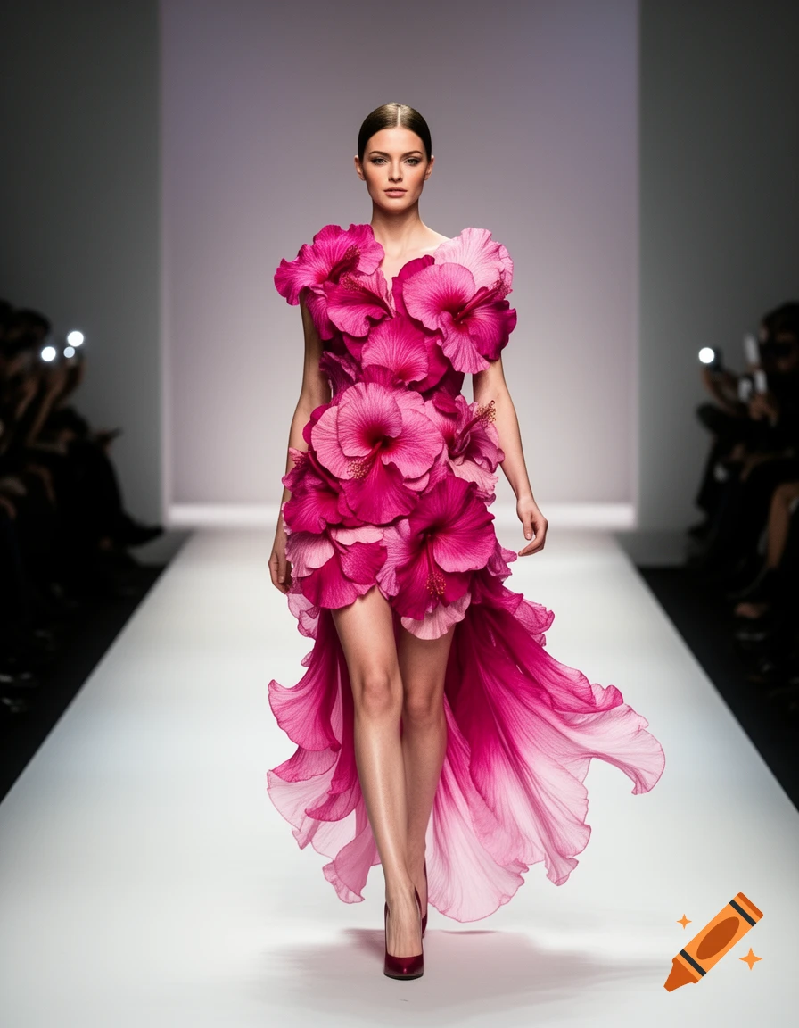 A fashion model in a vibrant pink hibiscus flower dress walks down a brightly lit runway. Hyperrealistic photograph.