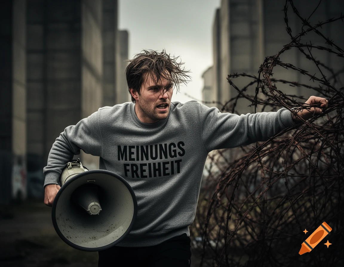 A man in a grey sweatshirt with 'MEINUNGS FREIHEIT' holds a megaphone and struggles through barbed wire in a desolate setting.