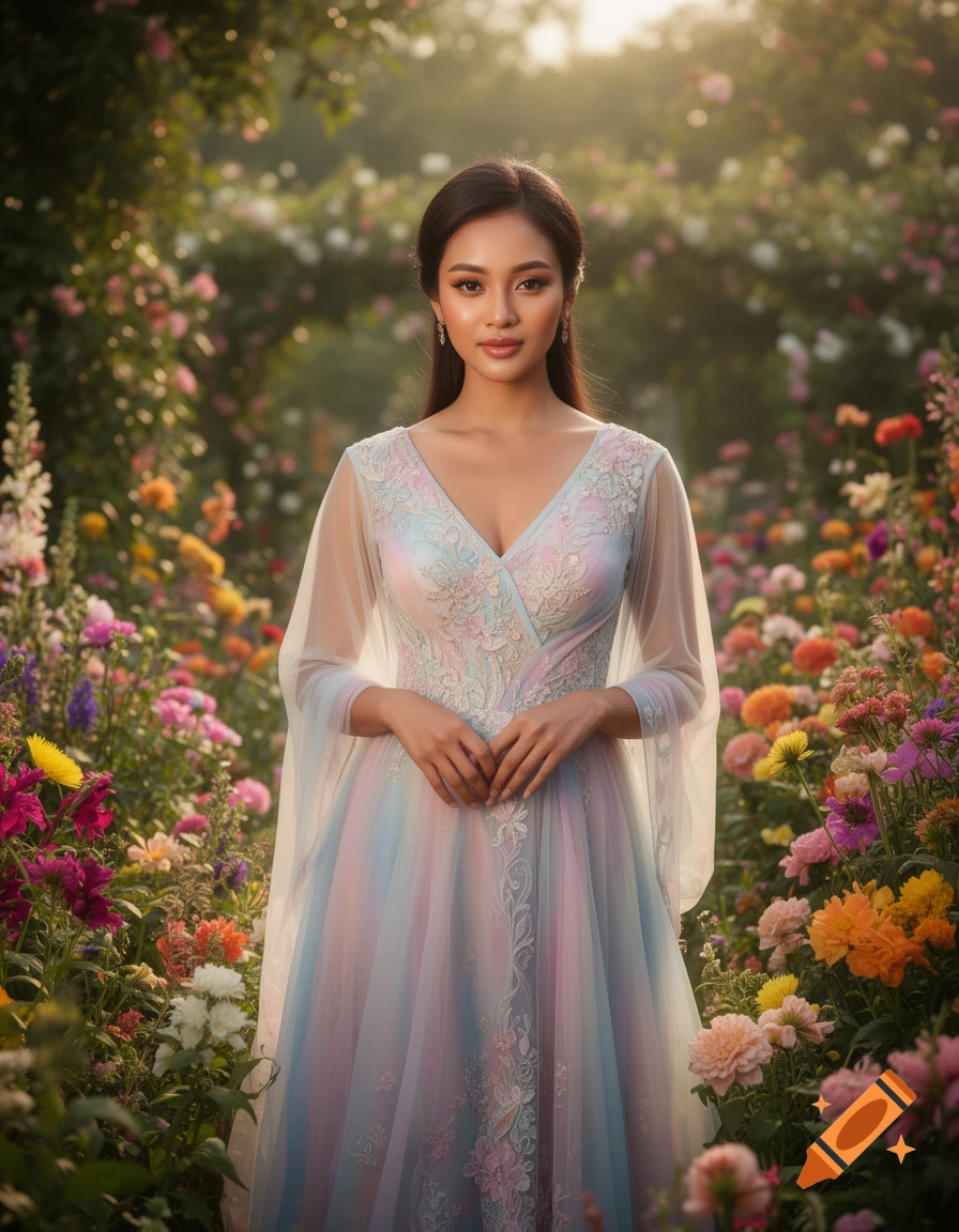 Photorealistic portrait of a beautiful woman in an elegant pastel gown, standing amongst colorful flowers in a garden.