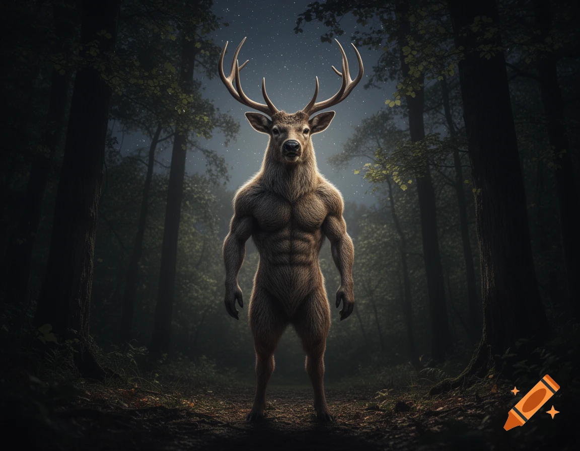A muscular, furry man-like creature with a deer head and antlers stands in a dark, moonlit forest, looking forward.