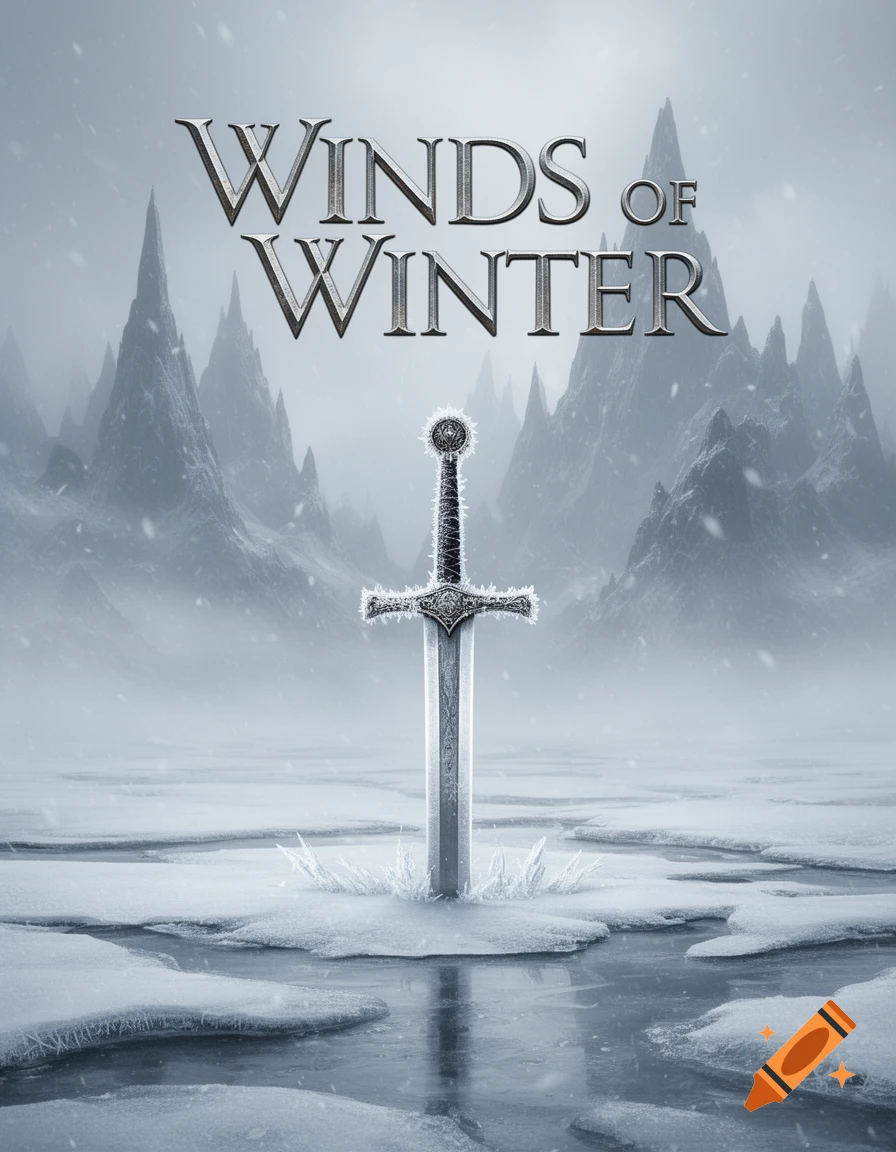 A frosted sword stands in a frozen, snowy landscape with jagged mountains. The title 'WINDS OF WINTER' is at the top.
