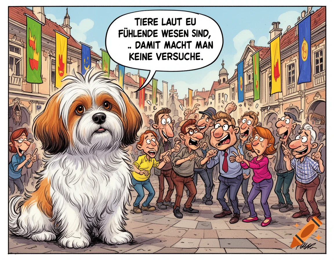 A comic illustration of a fluffy dog addressing a crowd of cartoon people on a city street about animal sentience.