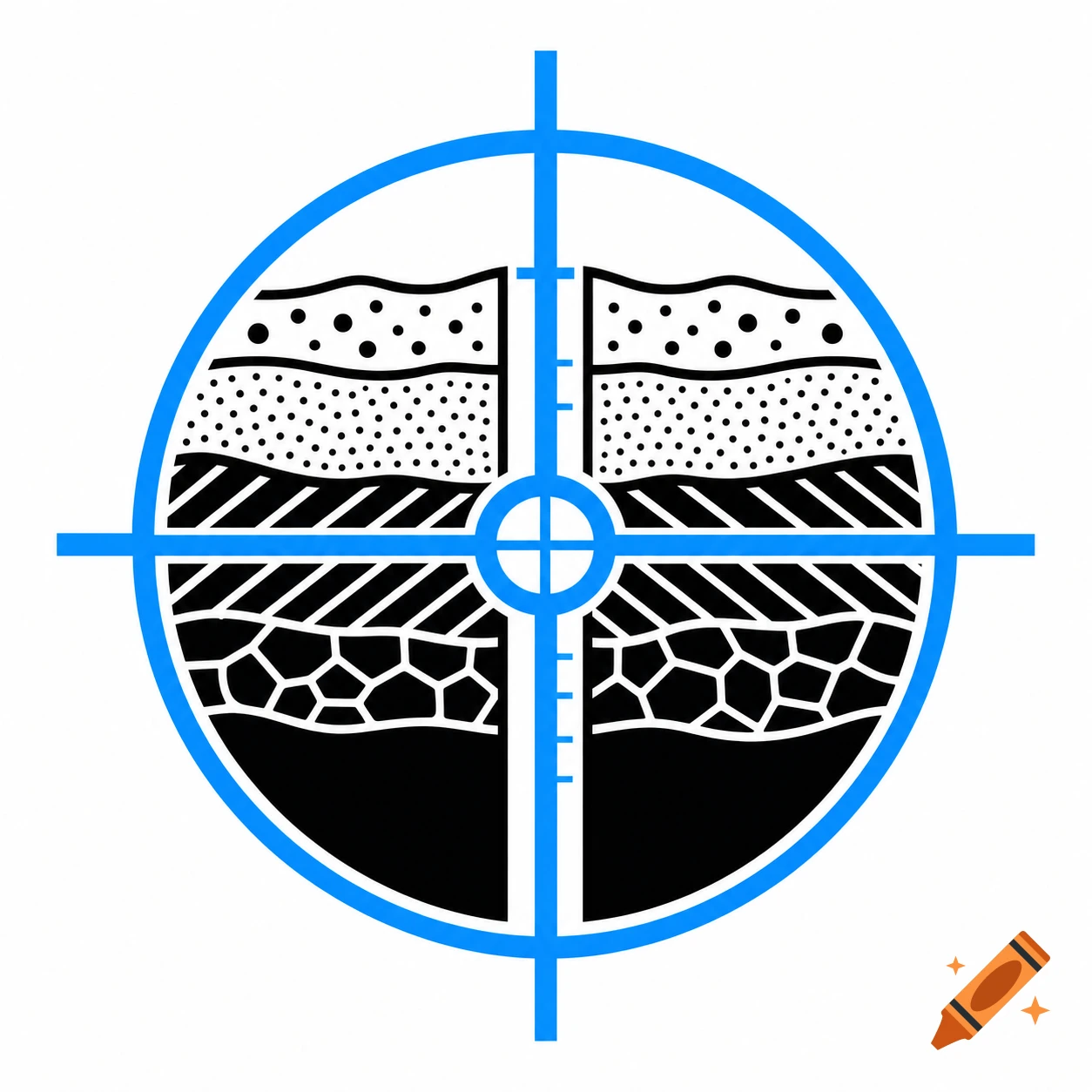 Minimalist vector logo with a blue crosshairs symbol enclosing black geological strata layers on a white background.