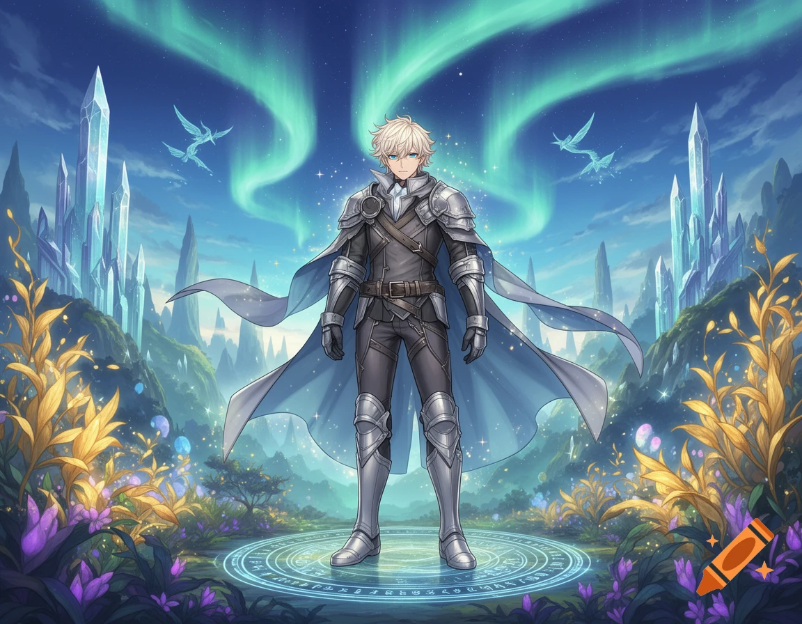 An anime-style male character with blonde hair and armor stands on a magical circle in a vibrant fantasy landscape with crystal structures and aurora borealis.