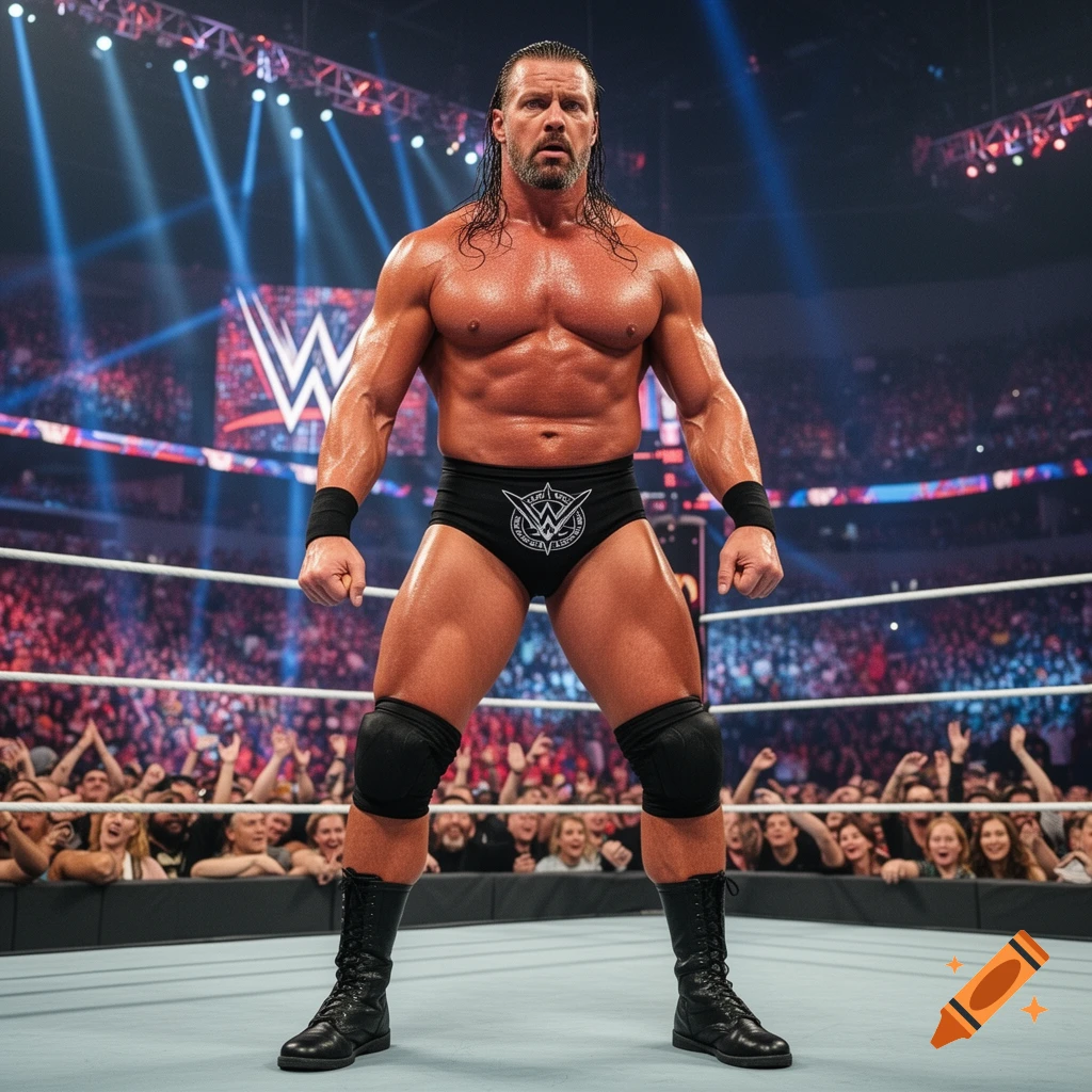Muscular male wrestler Triple H stands in a WWE ring, wearing black briefs and knee pads, facing the viewer with a crowd watching.