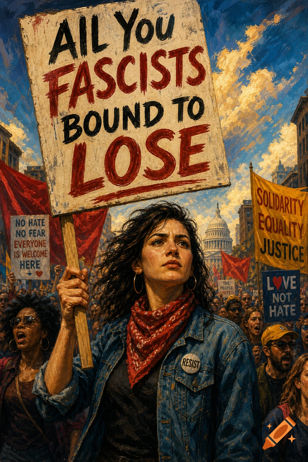 A determined woman at a hand-painted protest march holds a sign "All You fascists bound to lose" amid a crowd with the US Capitol in the background.