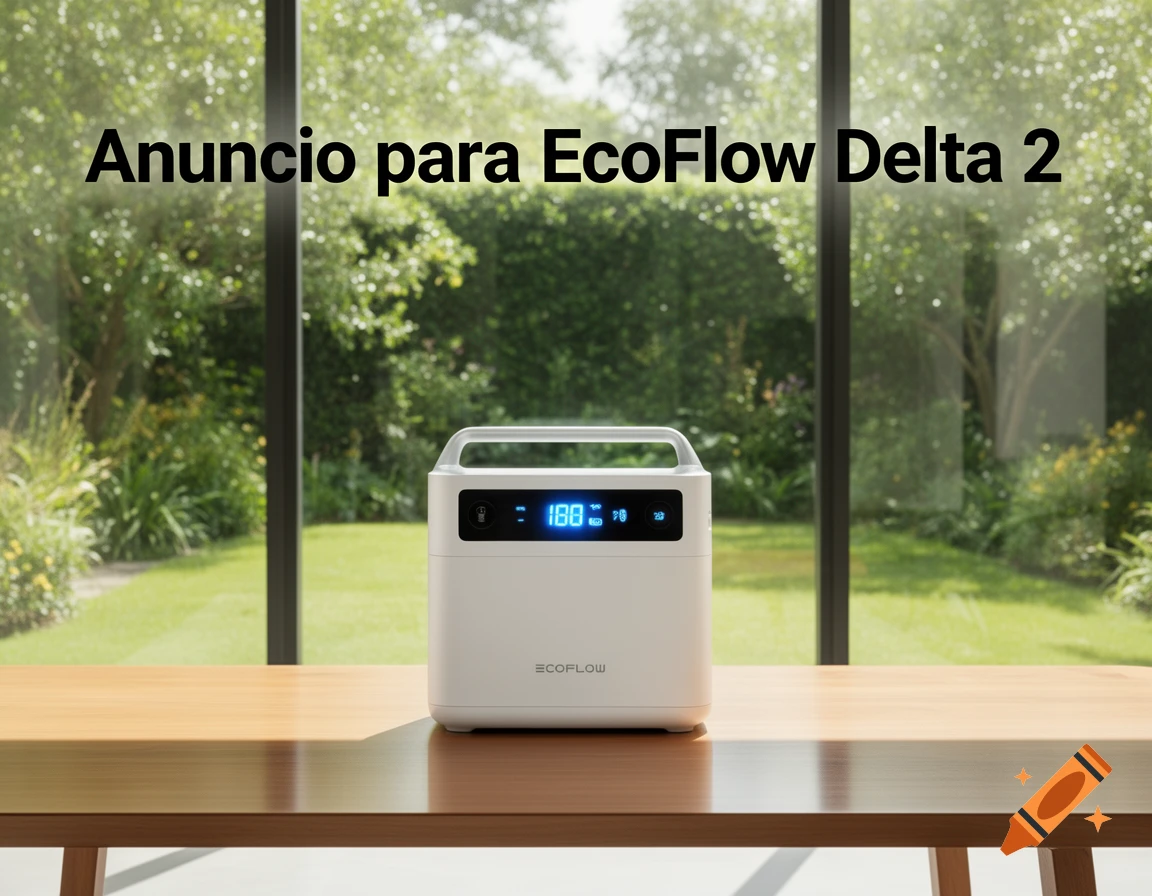 A white EcoFlow Delta 2 portable power station on a wooden table, with 'Anuncio para EcoFlow Delta 2' text and a bright garden background.