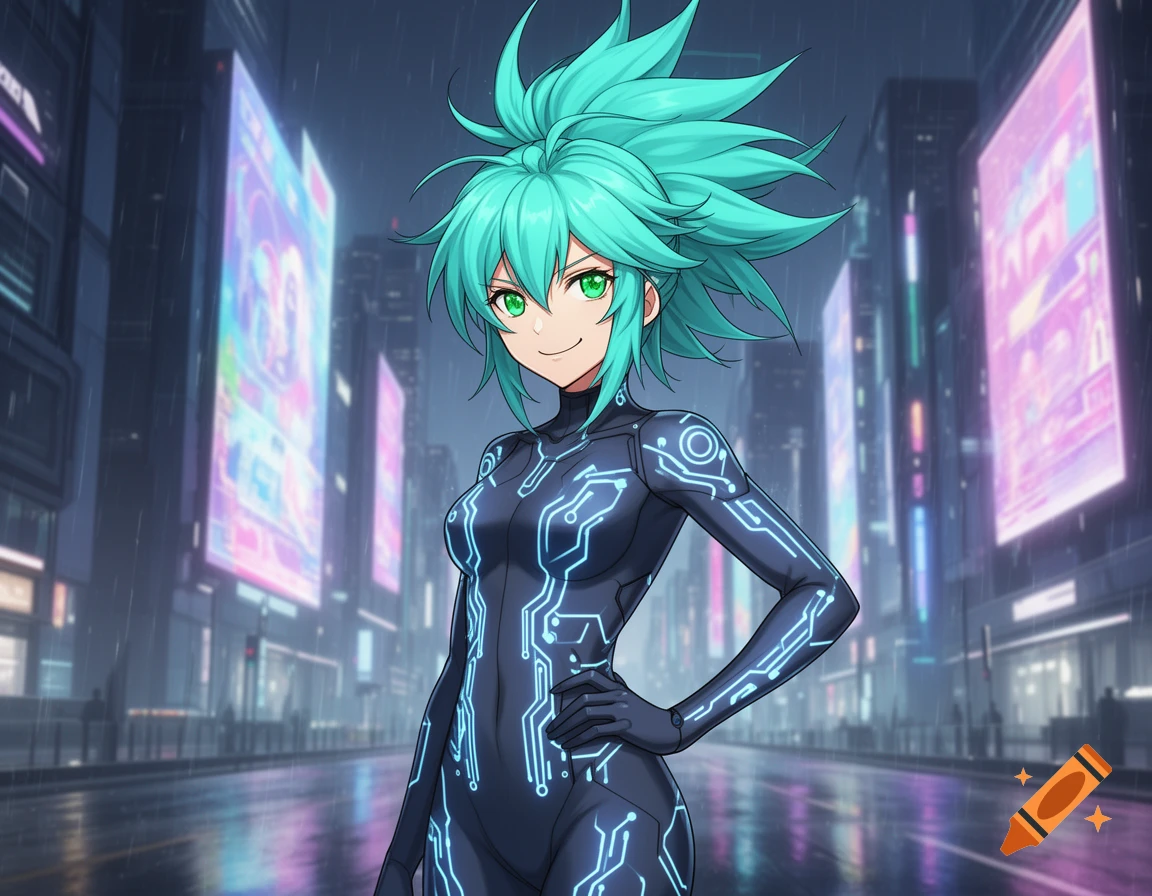 Anime girl with teal spiky hair and green eyes in a black glowing circuit suit stands in a rainy cyberpunk city.