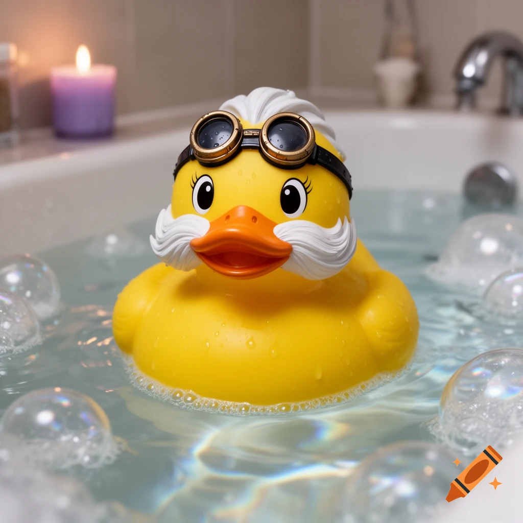 A yellow rubber duck with white hair, mustache, and goggles floats in a bubbly bathtub, with a lit candle in the background.