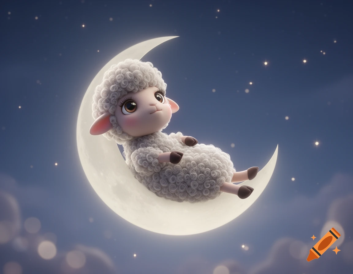 A cute, fluffy 3D-rendered sheep with big eyes relaxes on its back in a crescent moon against a dark, starry night sky with bokeh.