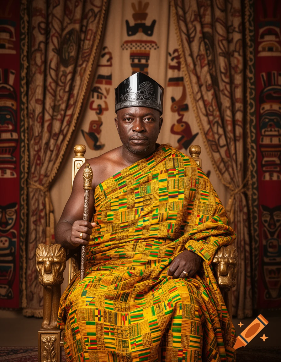 A stern man in a black crown and golden Kente cloth sits on a gold throne-like chair, holding a staff.