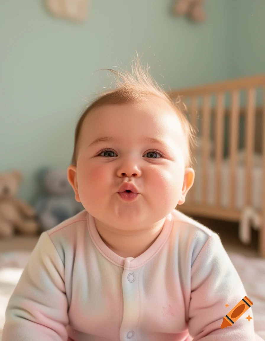 A photorealistic close-up of a baby with light hair and blue eyes, making a puckered kissing face in a nursery.