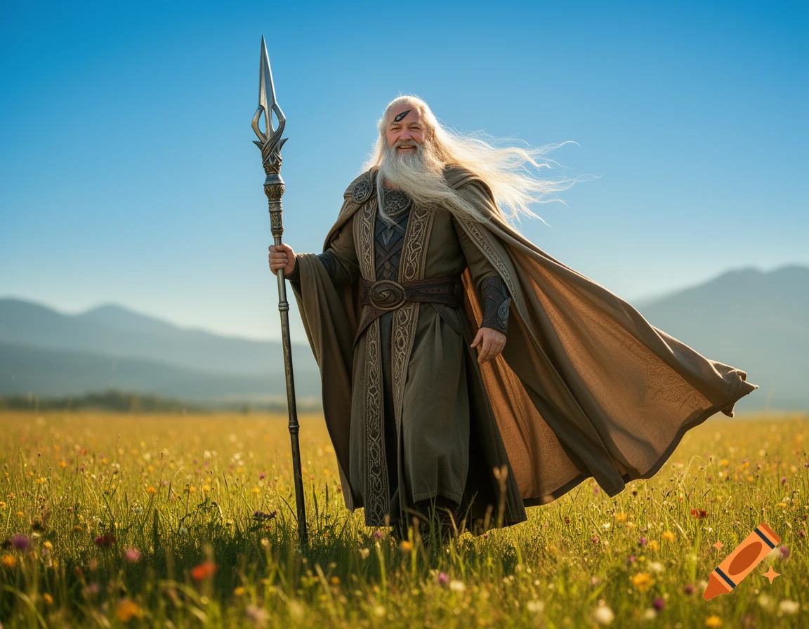 A smiling elderly man with a long white beard, ornate robes, and a flowing cape stands in a sunny wildflower meadow, holding a spear.