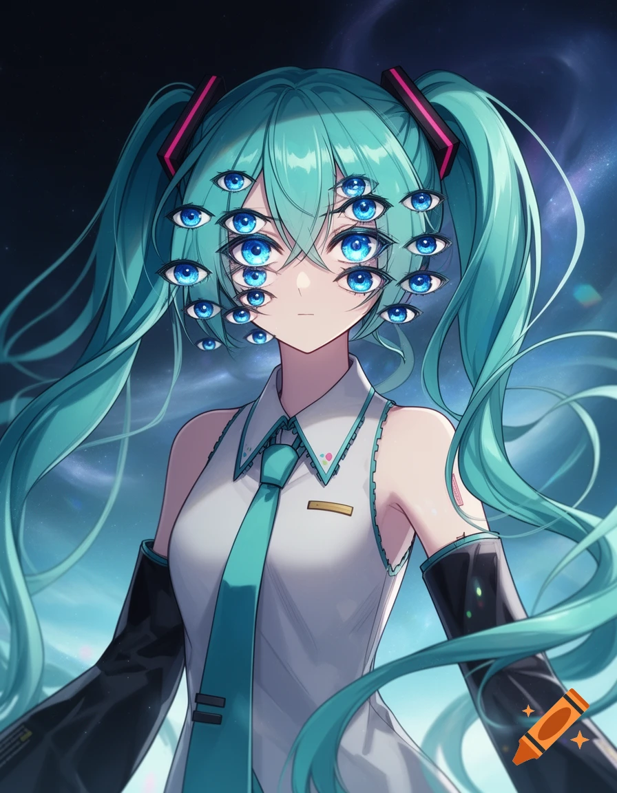 Hatsune Miku with multiple blue eyes covering her face and teal pigtails against a cosmic background in anime style.