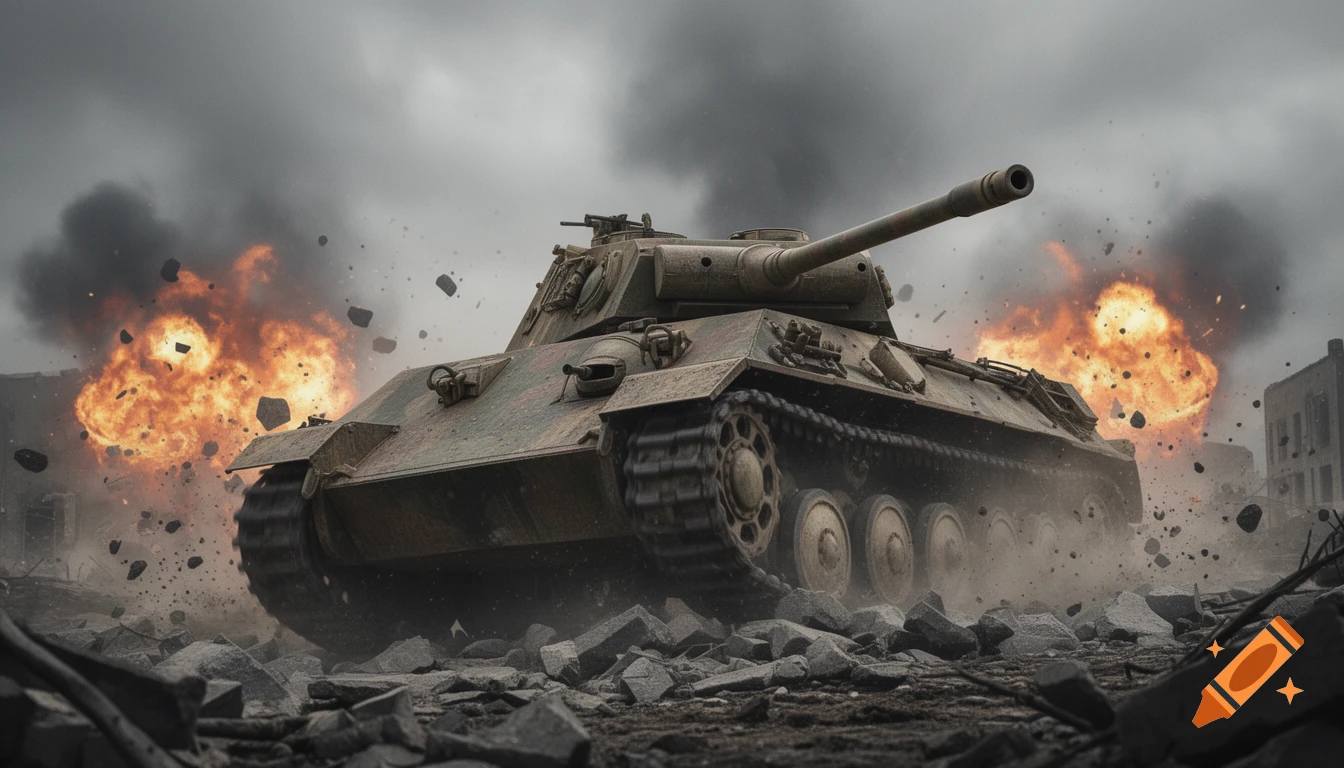 A military tank drives through an explosive, smoky battlefield with debris flying.