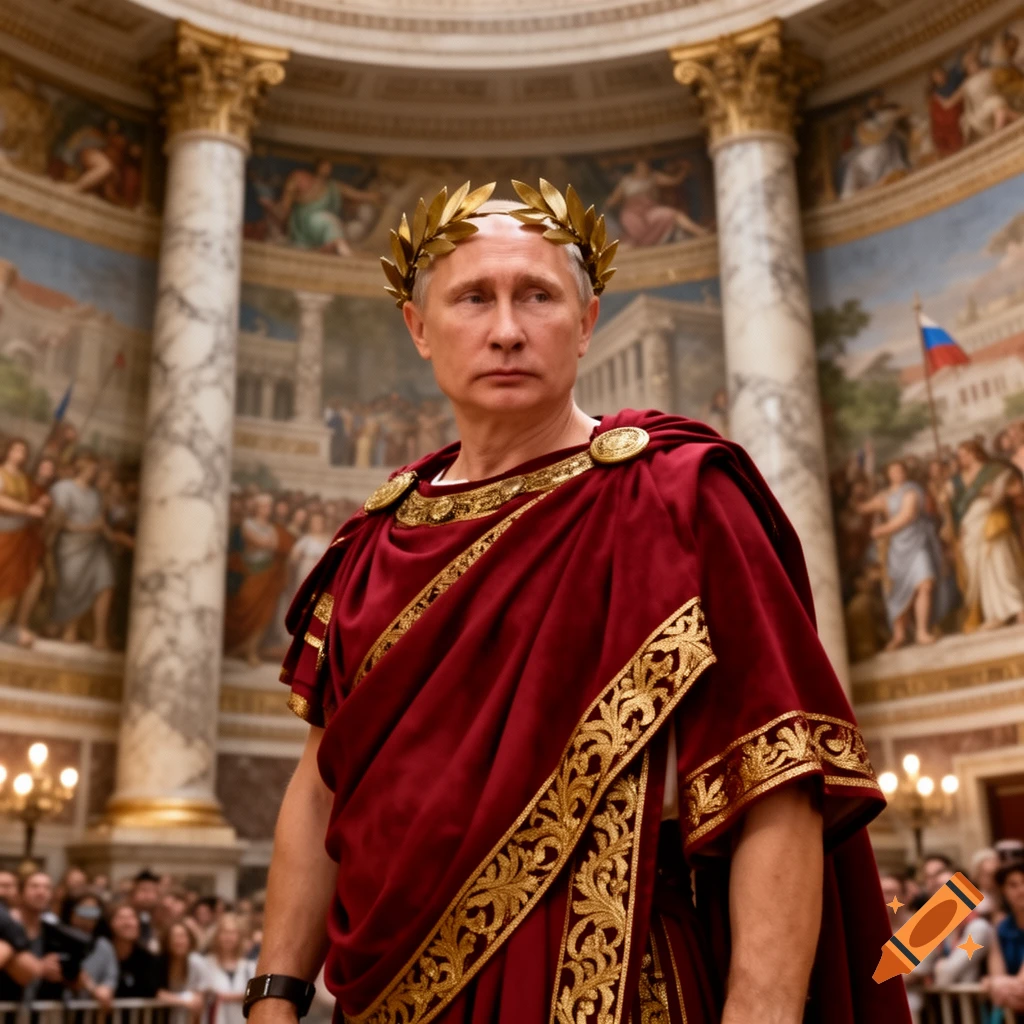 Vladimir Putin as Roman Emperor, wearing a gold laurel wreath and red toga, standing in a grand classical hall.
