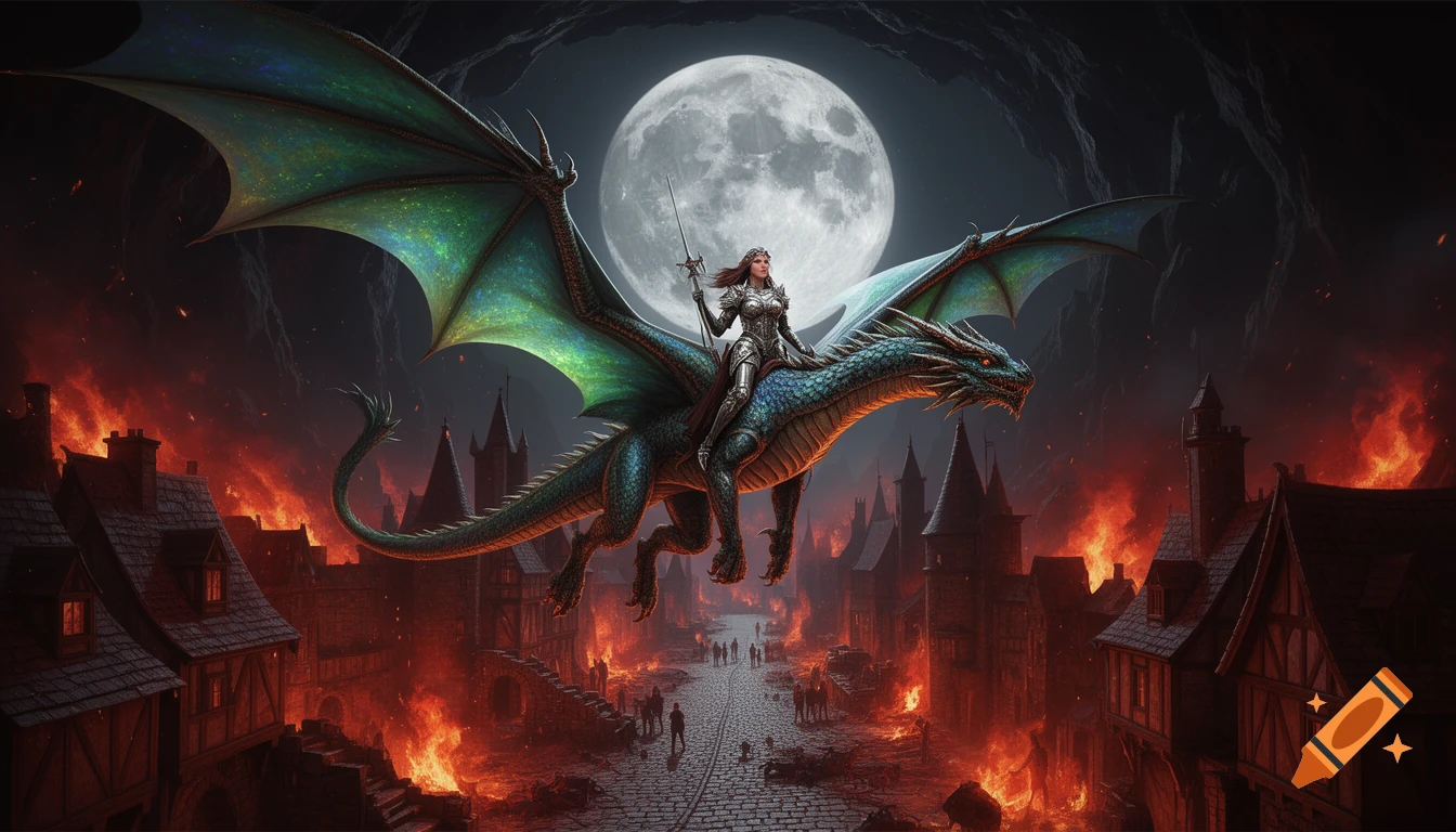 Female warrior in plate armor rides an iridescent dragon high above a burning medieval city, lit by a full moon, in fantasy art.