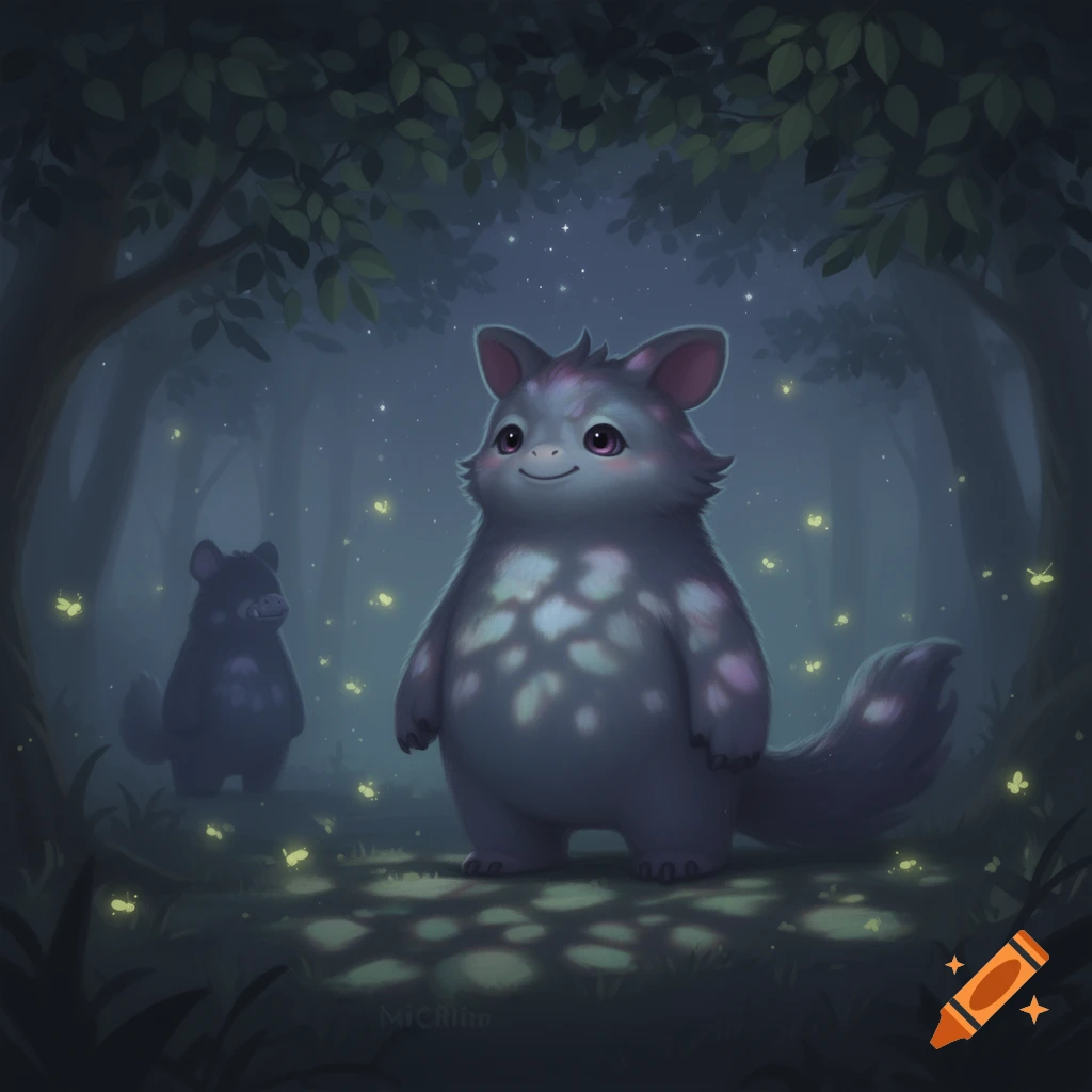 Two cute, fluffy gray fantasy creatures stand in a dark, glowing forest with fireflies, in a digital art style.