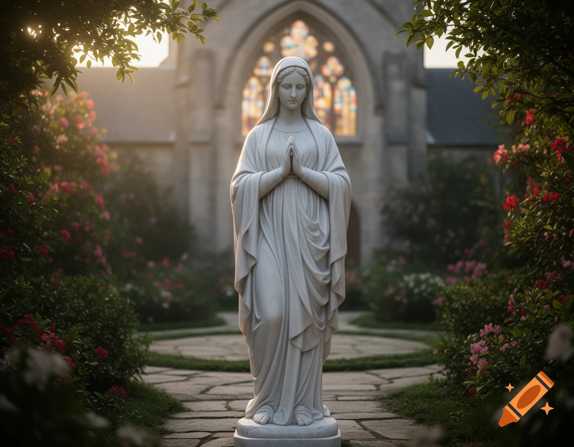 A white marble statue of the Virgin Mary praying, stands in a lush garden path with a gothic church and stained glass window in the background.