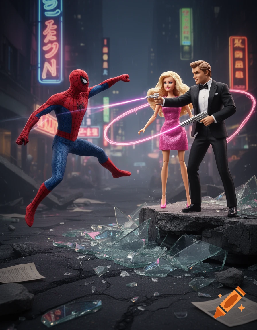 Spiderman leaps to attack Barbie and Ken, who aim laser guns amidst broken glass in a neon-lit, rainy city.