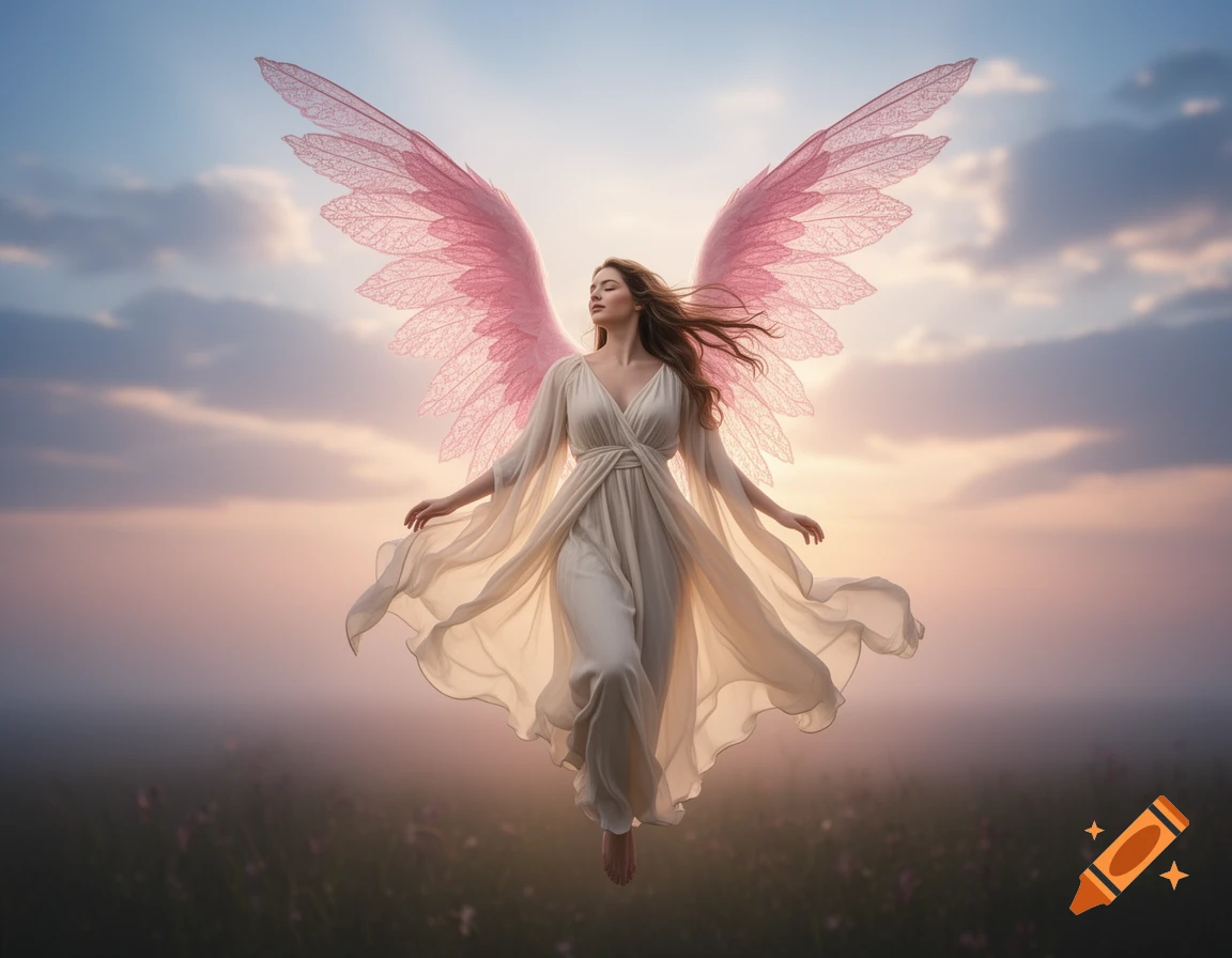 A beautiful woman with flowing brown hair and large pink wings floats above a misty field at sunset, wearing a white gown.