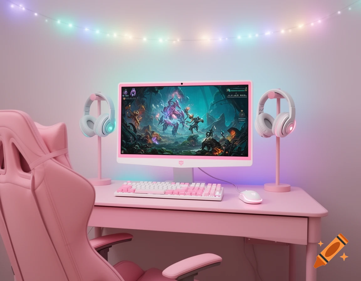 A pink gamer setup with a monitor displaying a fantasy game, a pink gaming chair, headphones, keyboard, and mouse, all under pastel string lights.