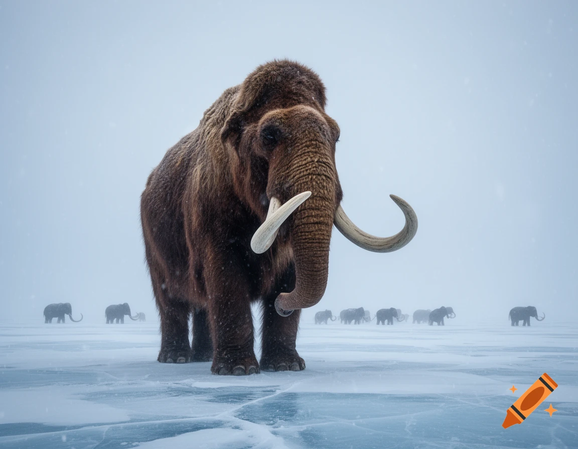 A herd of woolly mammoths on a vast expanse of cracked ice and snow under a hazy, snowy sky, with a large mammoth in the foreground.