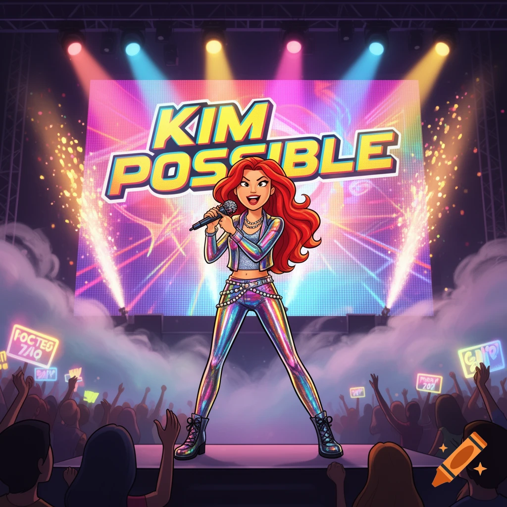 Kim Possible, with red hair and a shimmering iridescent outfit, sings into a microphone on a brightly lit concert stage with a crowd and fireworks.