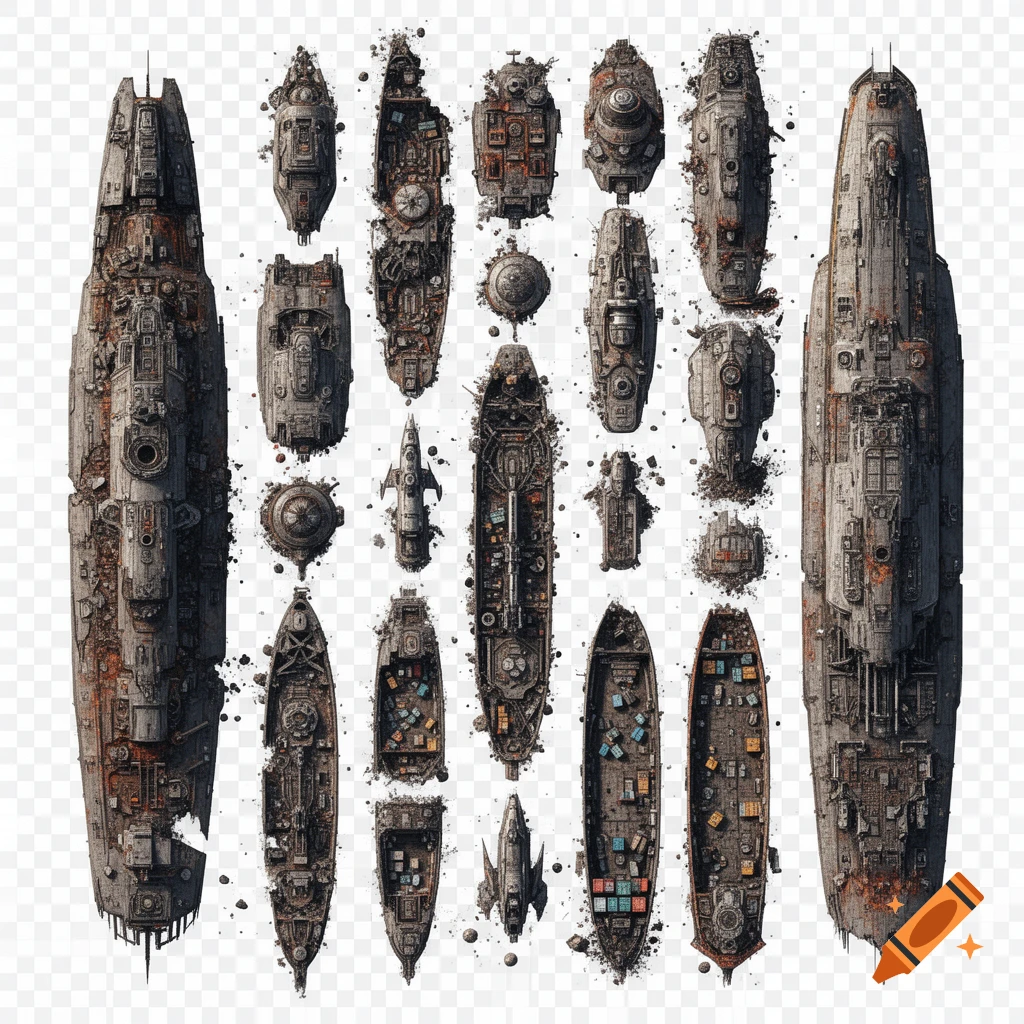 A top-down view of multiple highly detailed sci-fi spaceship wreckage pieces, featuring broken hulls, engines, and scattered cargo, on a transparent background.
