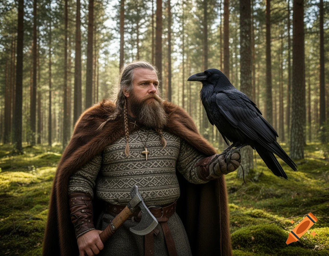 A bearded man in Viking attire with an axe, a black raven perched on his gloved hand in a sunlit pine forest.