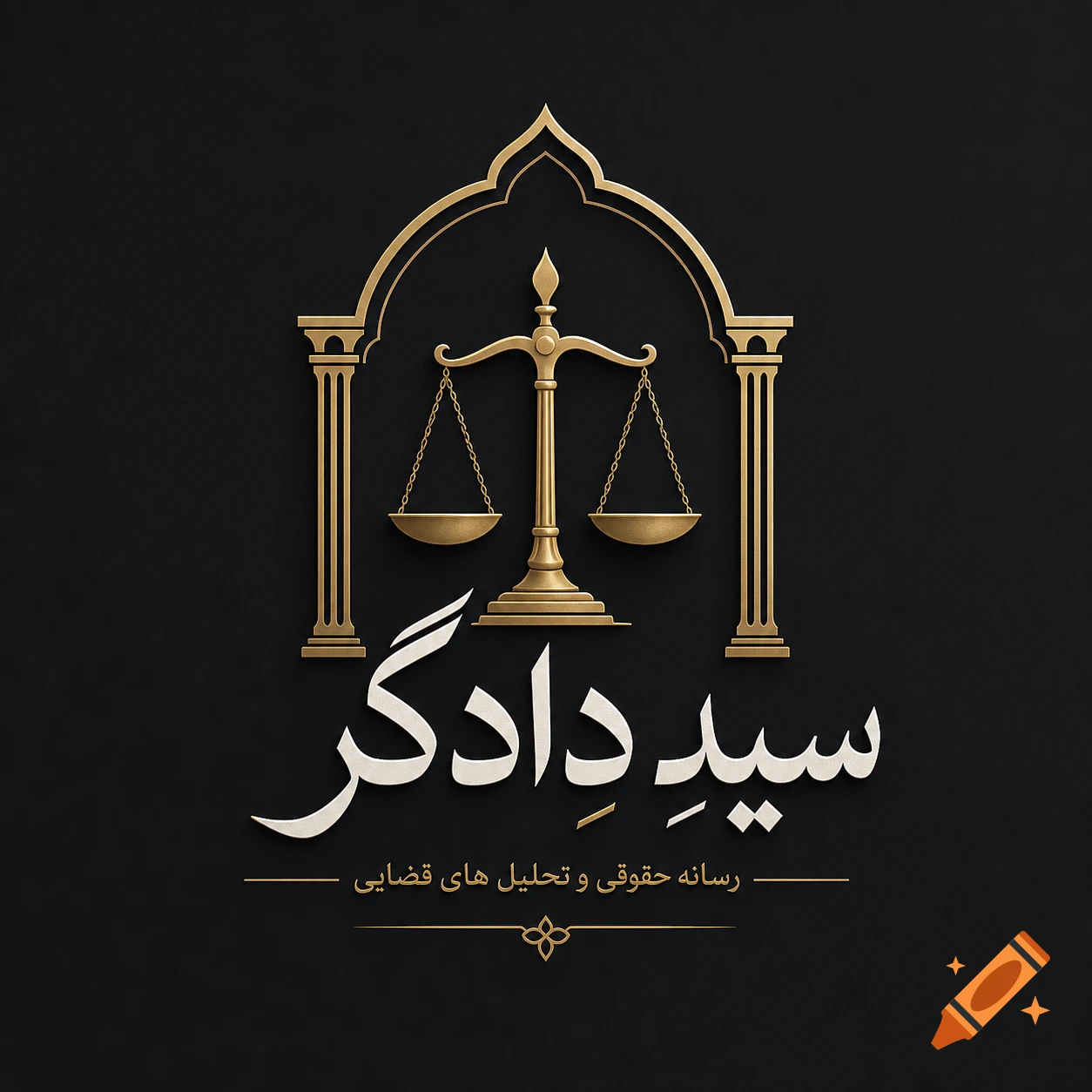 Luxurious golden logo with a scale of justice within an arched structure, elegant Persian text on a black background.