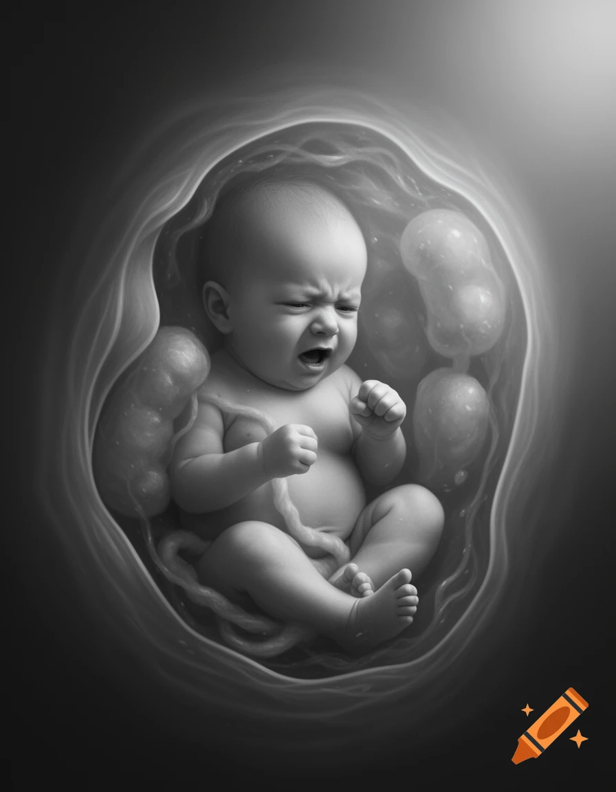 Monochromatic photorealistic image of a crying baby inside a womb.