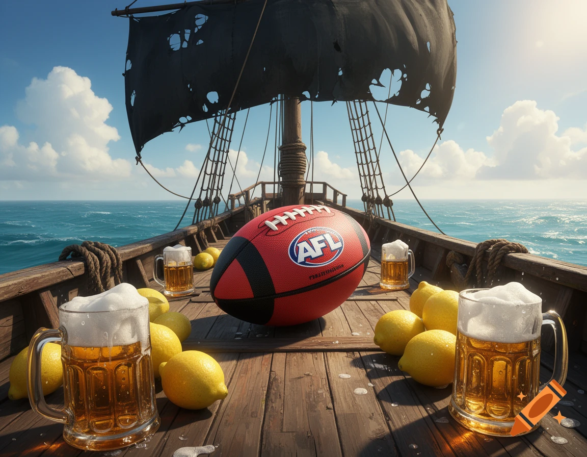 Photorealistic image of an AFL ball, beer mugs, and lemons on a pirate ship's wooden deck at sea under a blue sky.