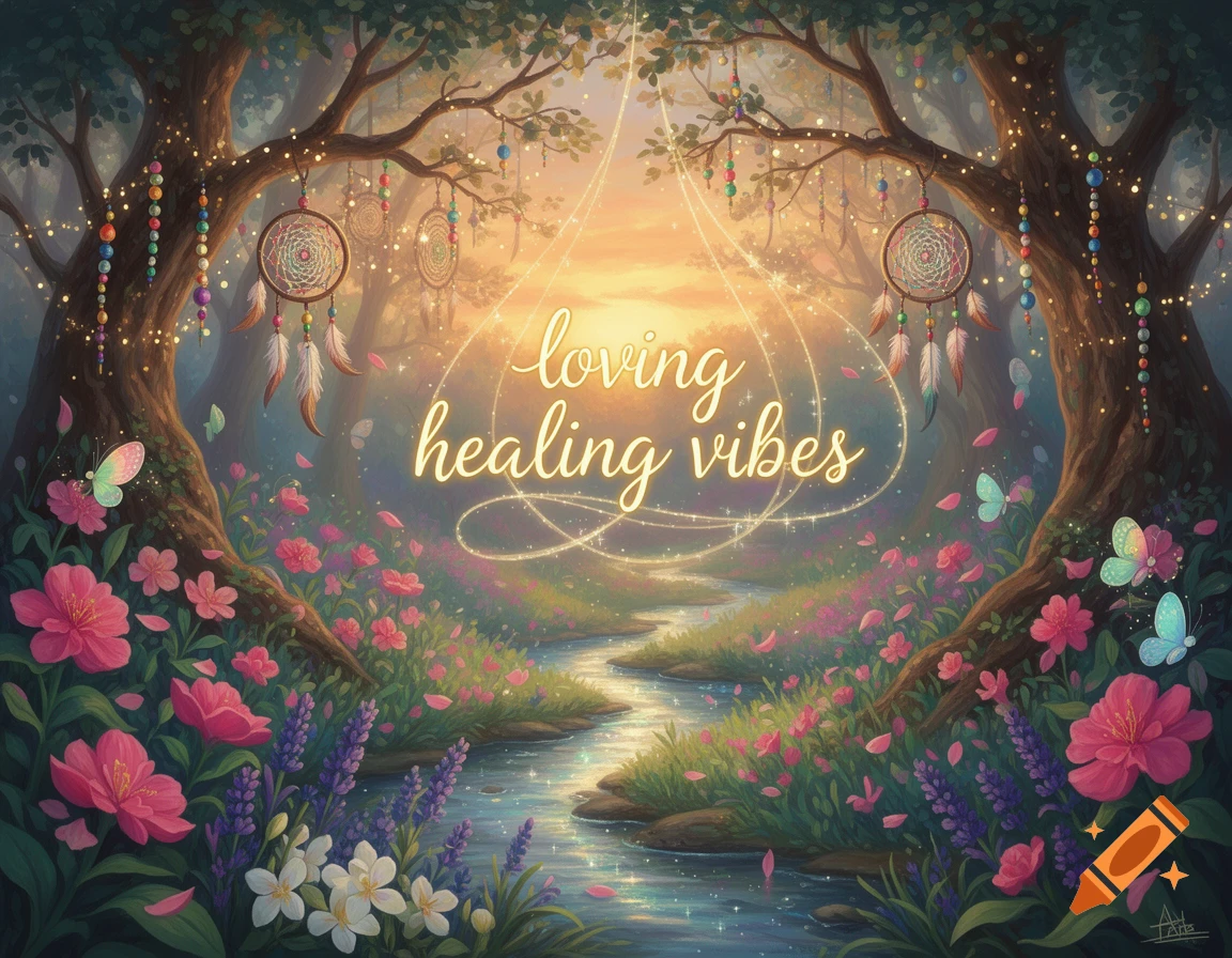 A magical forest scene with glowing trees, colorful dreamcatchers, a winding stream, pink flowers, butterflies, and the text 'loving healing vibes'.