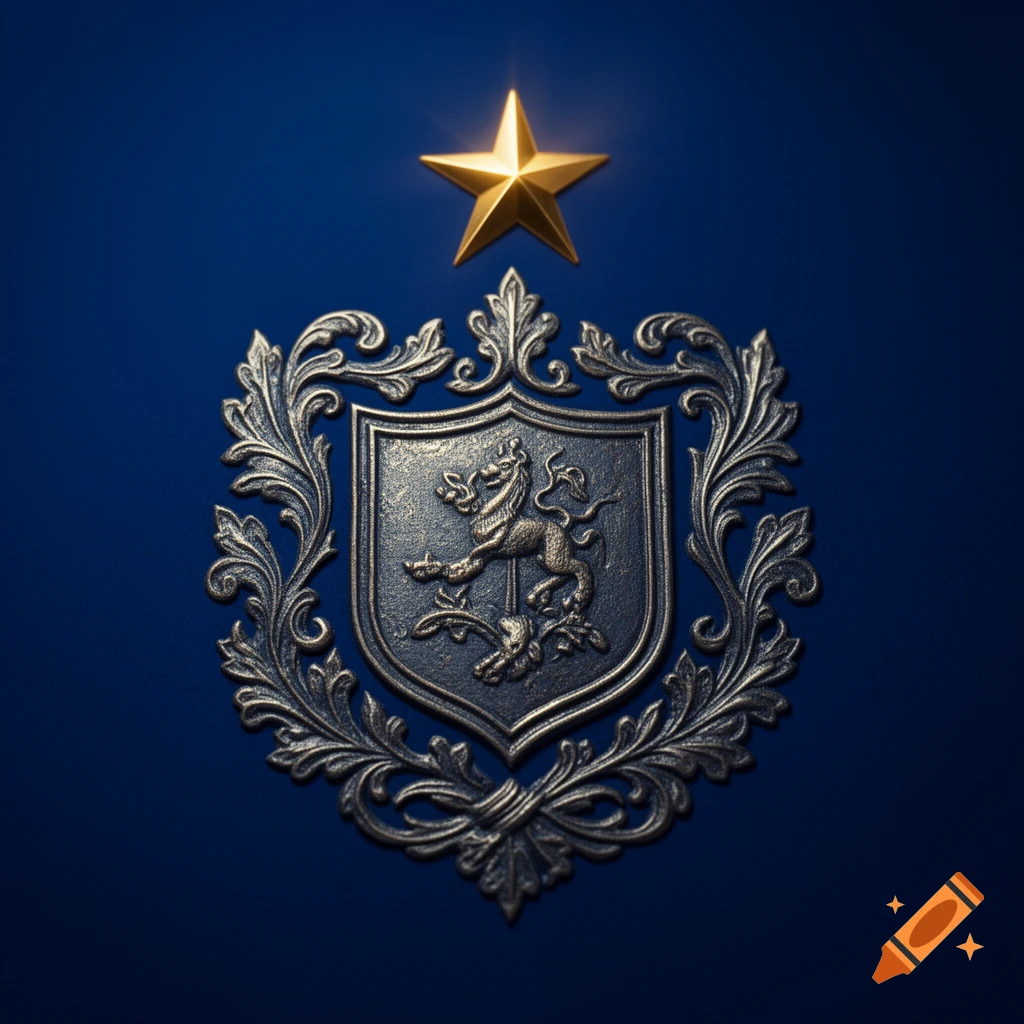 A metallic silver coat of arms with a lion on a shield, surrounded by ornate scrollwork, set against a deep blue background with a golden star above.