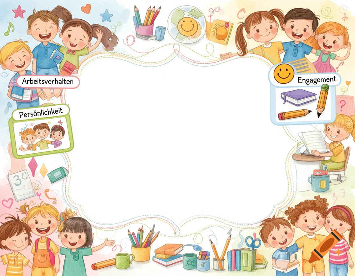 A colorful, childish school report card template with cartoon children and school supplies around a blank center.