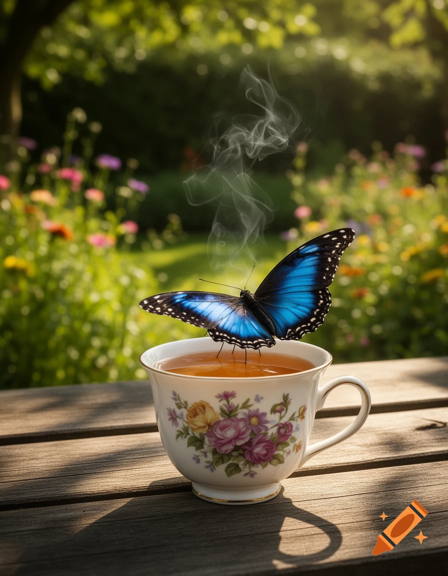 A vibrant blue butterfly perches on a steaming floral teacup, set on a wooden table in a sunlit garden.