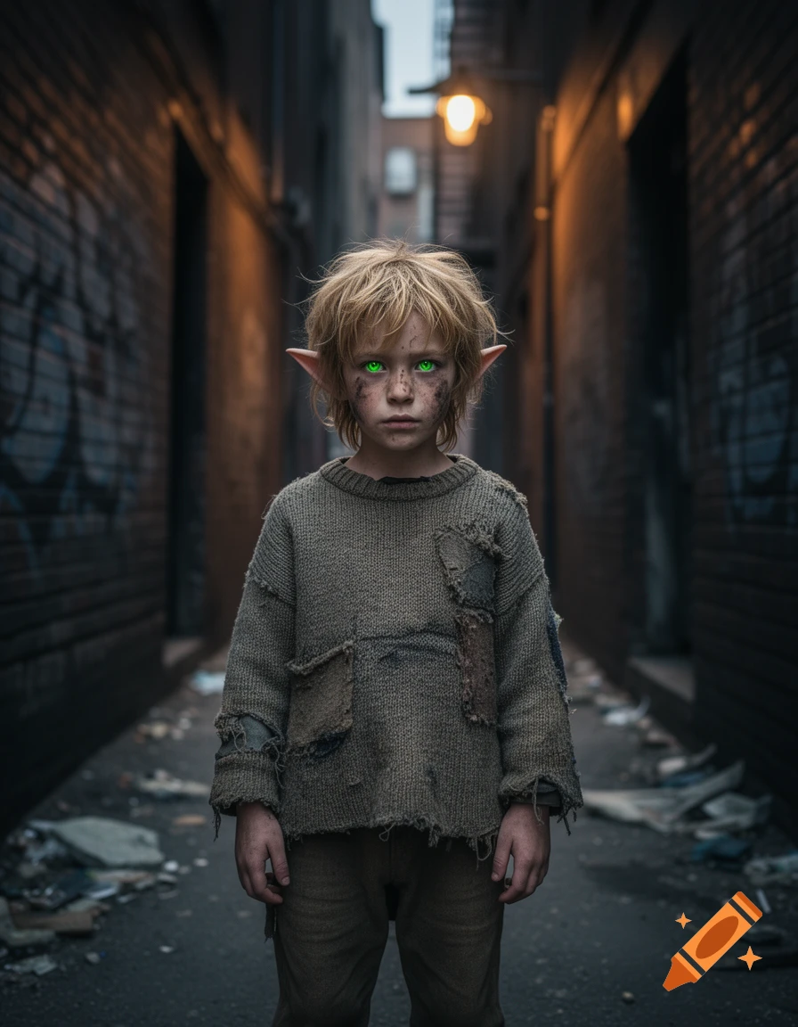 A young half-elf child with messy blonde hair, green glowing eyes, and a tattered sweater stands in a dark, trash-strewn alley.