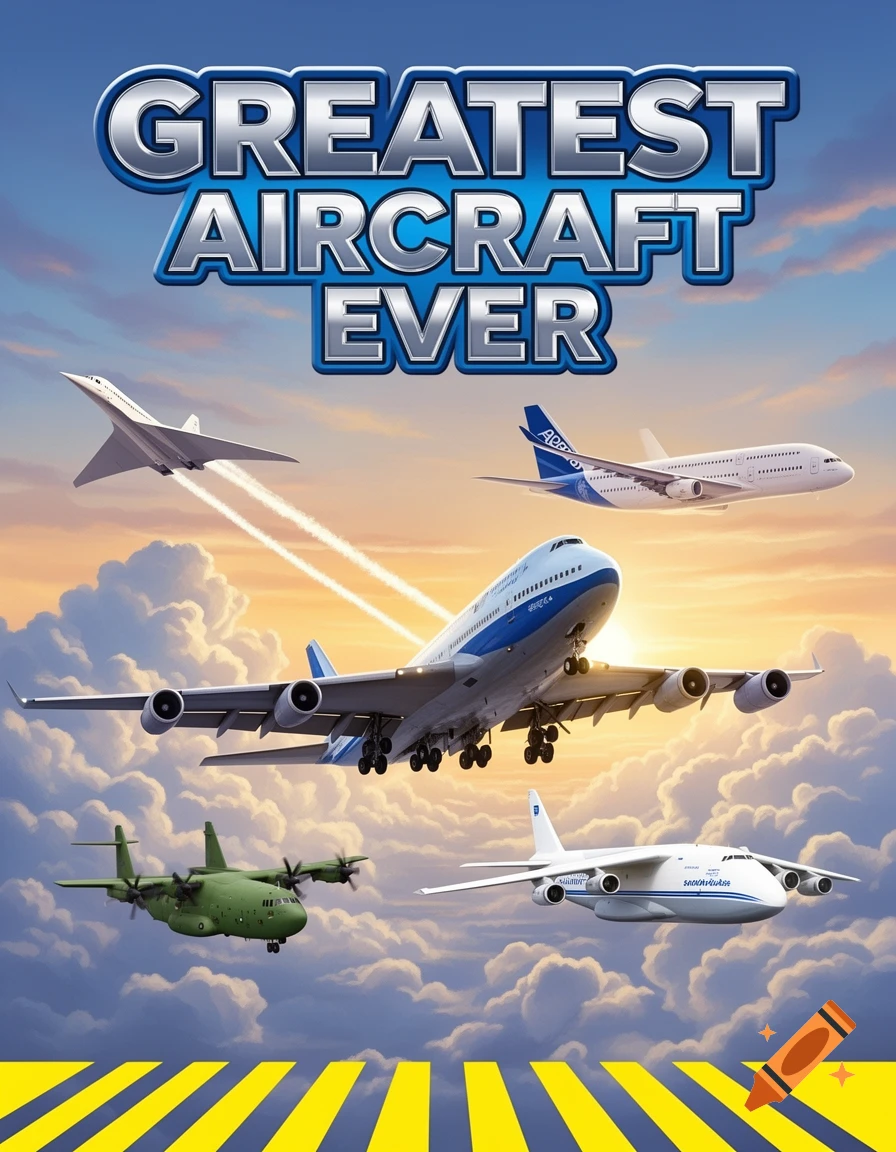 A colorful magazine cover titled 'GREATEST AIRCRAFT EVER' with a Boeing 747, Concorde, Airbus A380, C-130, and An-225 flying in a bright sky.